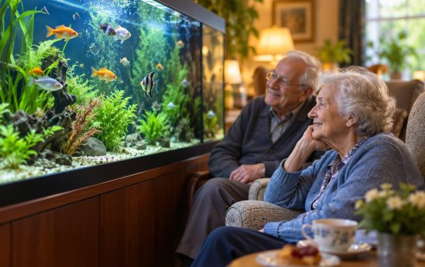 Personas mayores contemplan un acuario