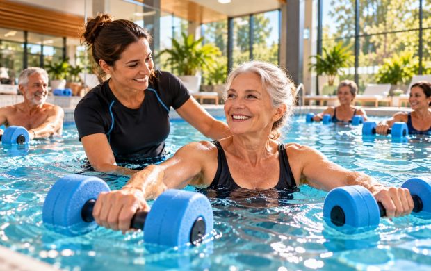 Representación de ejercicios de rehabilitación en una piscina