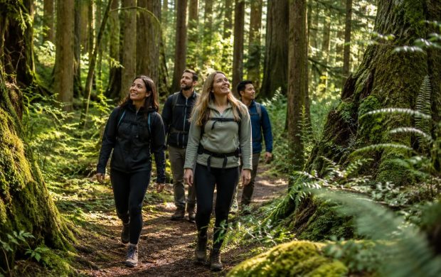 Personas caminan por un bosque