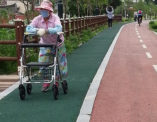 Persona mayor caminando por un parque de Corea del Sur. Fotografía referencial.